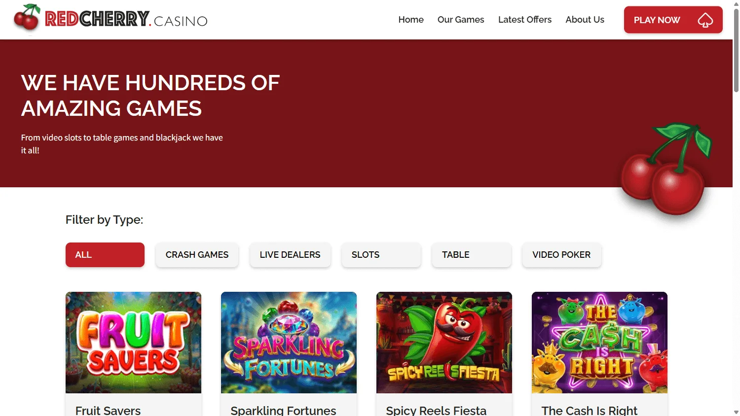 Red Cherry Casino desktop games area with pokies, table games and live casino options