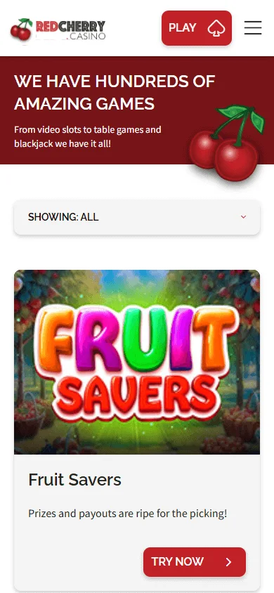 Red Cherry Casino mobile browser games area with casino categories