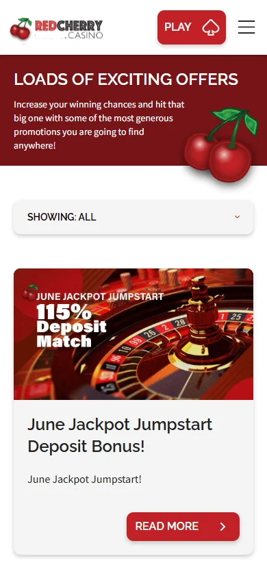 Red Cherry Casino mobile browser promotions area with bonus offers and codes