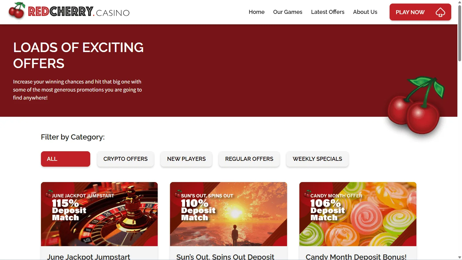 Red Cherry Casino desktop promotions area with welcome, recurring and tournament offers